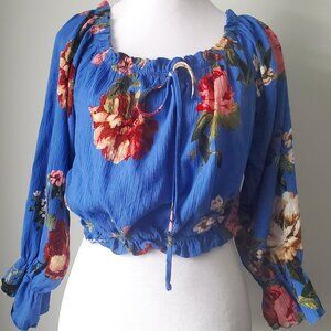 Gauzy Peasant Blouse TOP Off Shoulder Cropped Top Balloon Sleeves Bow Tie Size L